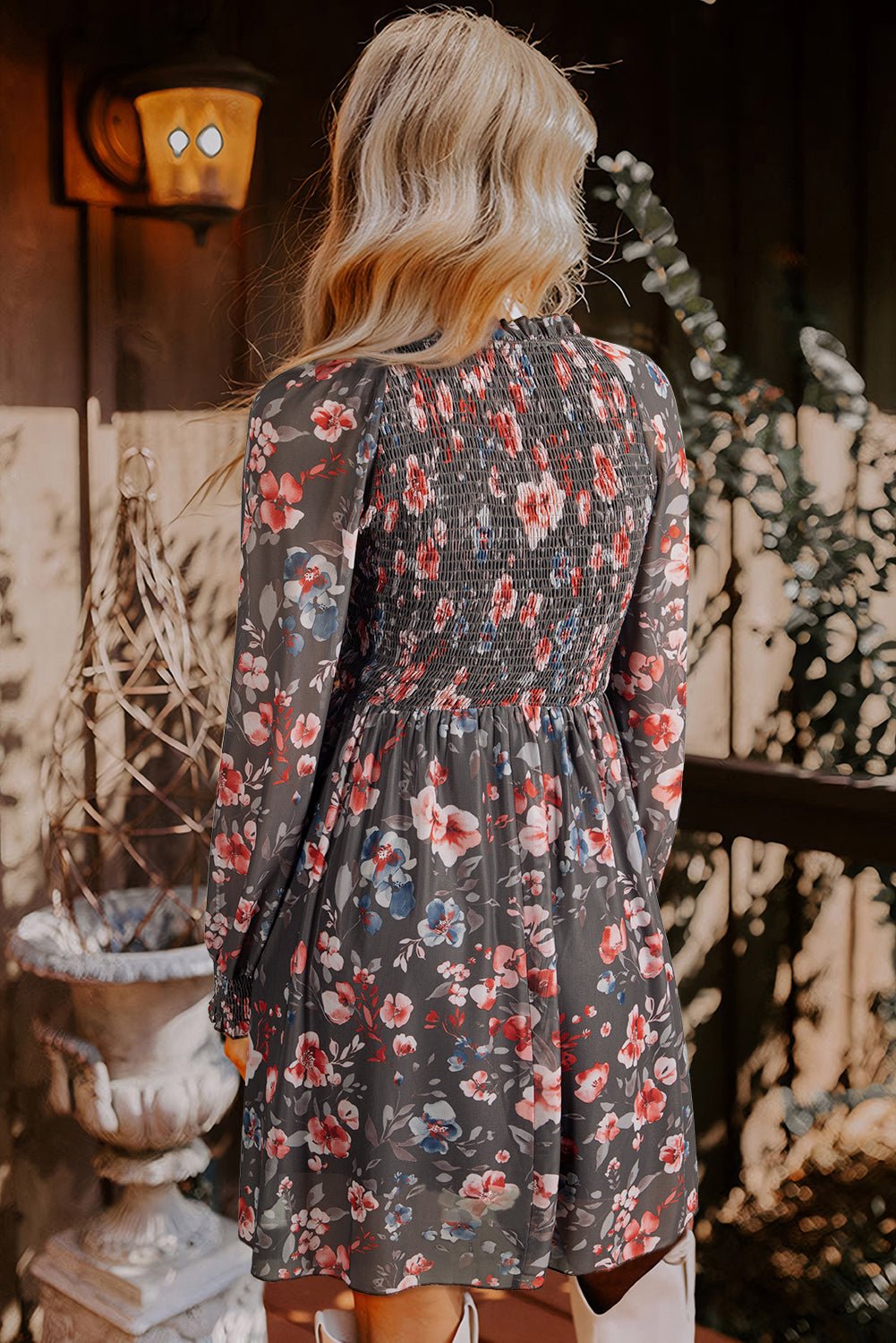 Brown Frilly Smocked Bodice Floral Mesh Long Sleeve Mini Dress - MAD RUFFI