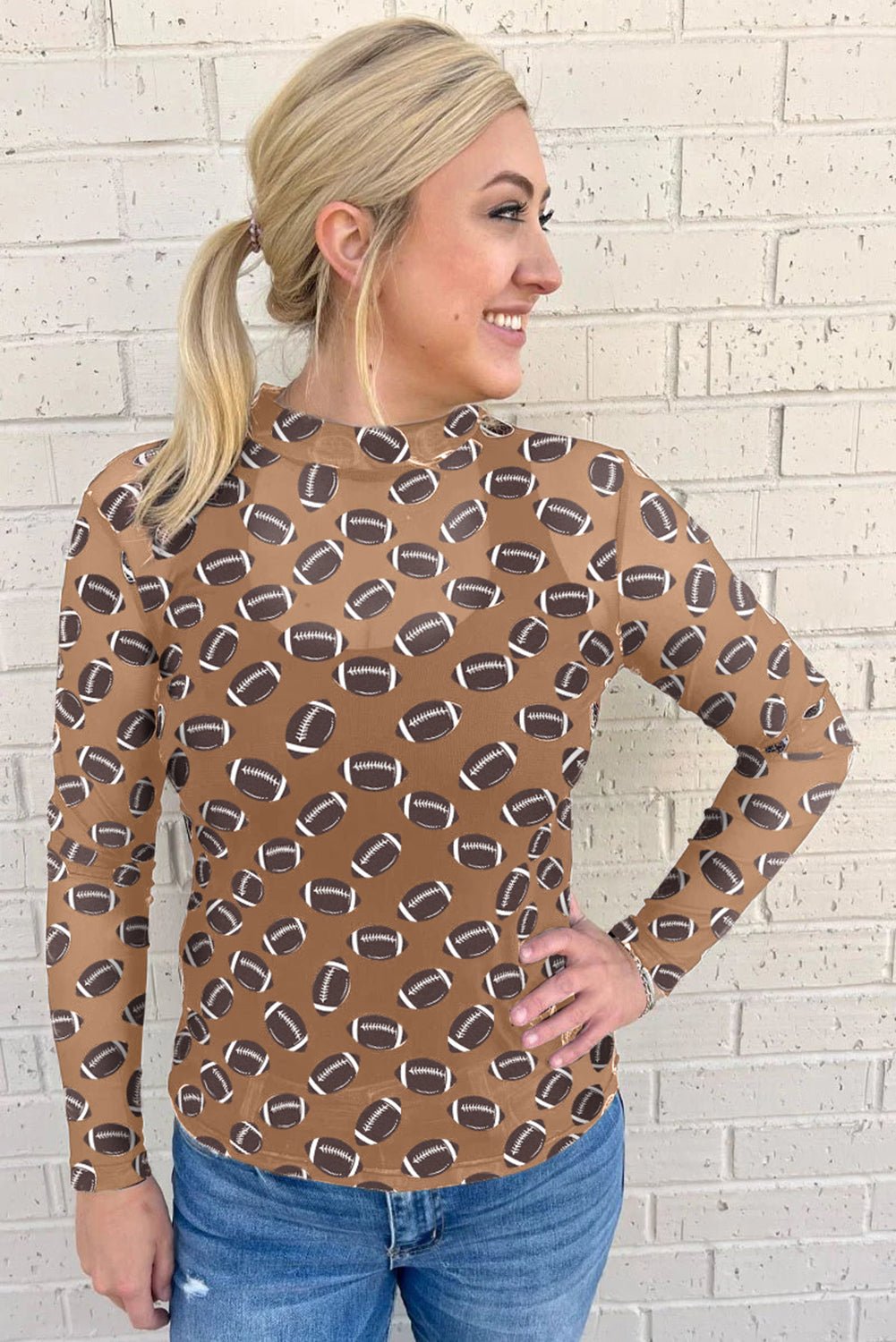 Brown Game Day Football Mesh Sheer Long Sleeve Top - MAD RUFFI