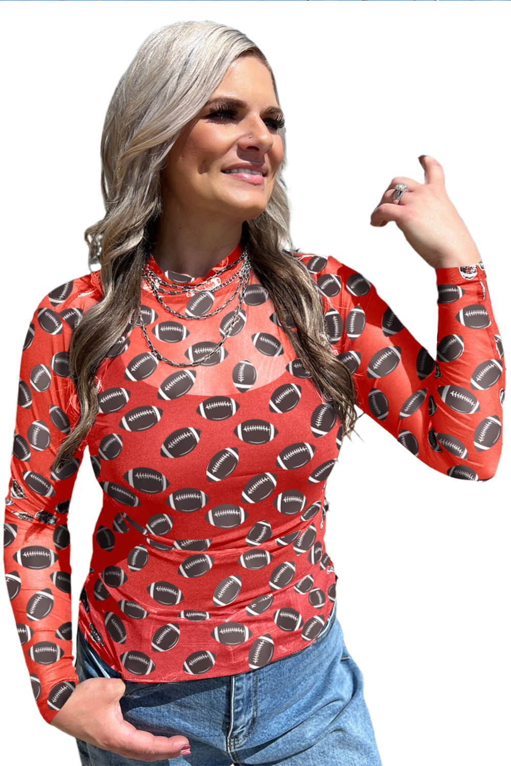 Brown Game Day Football Mesh Sheer Long Sleeve Top - MAD RUFFI