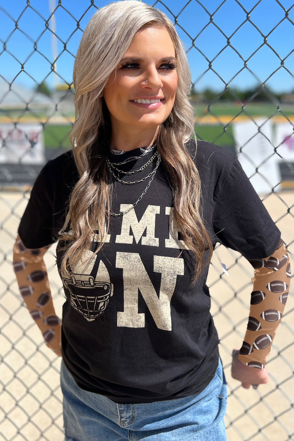 Brown Game Day Football Mesh Sheer Long Sleeve Top - MAD RUFFI