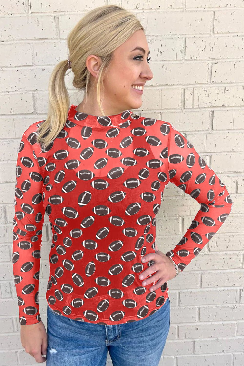 Brown Game Day Football Mesh Sheer Long Sleeve Top - MAD RUFFI