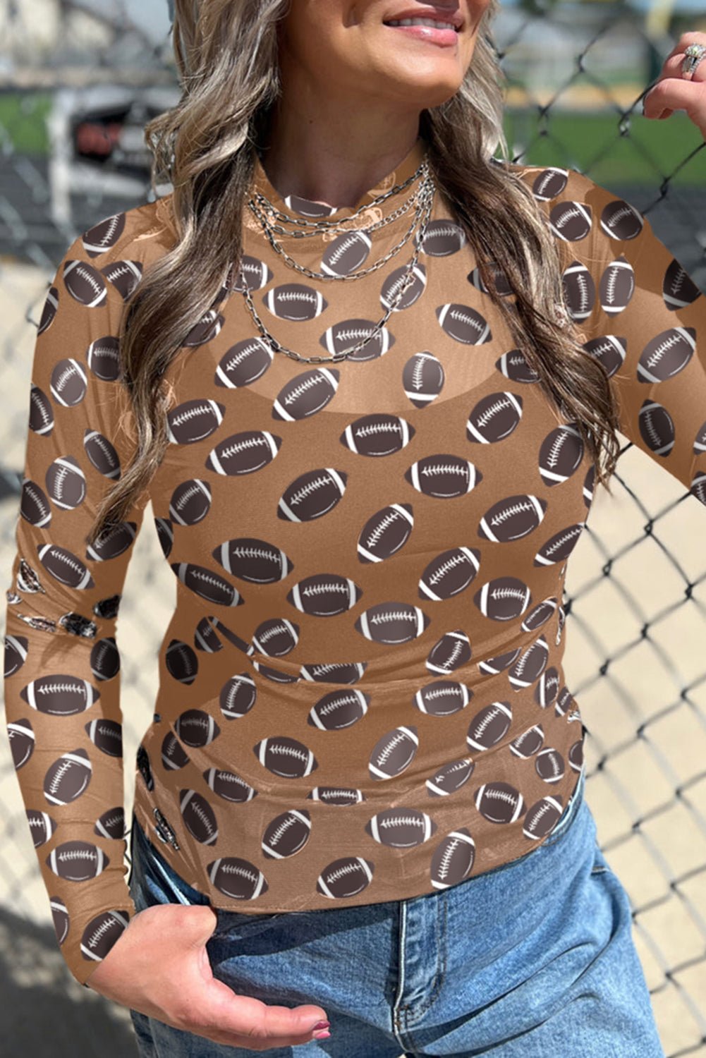 Brown Game Day Football Mesh Sheer Long Sleeve Top - MAD RUFFI