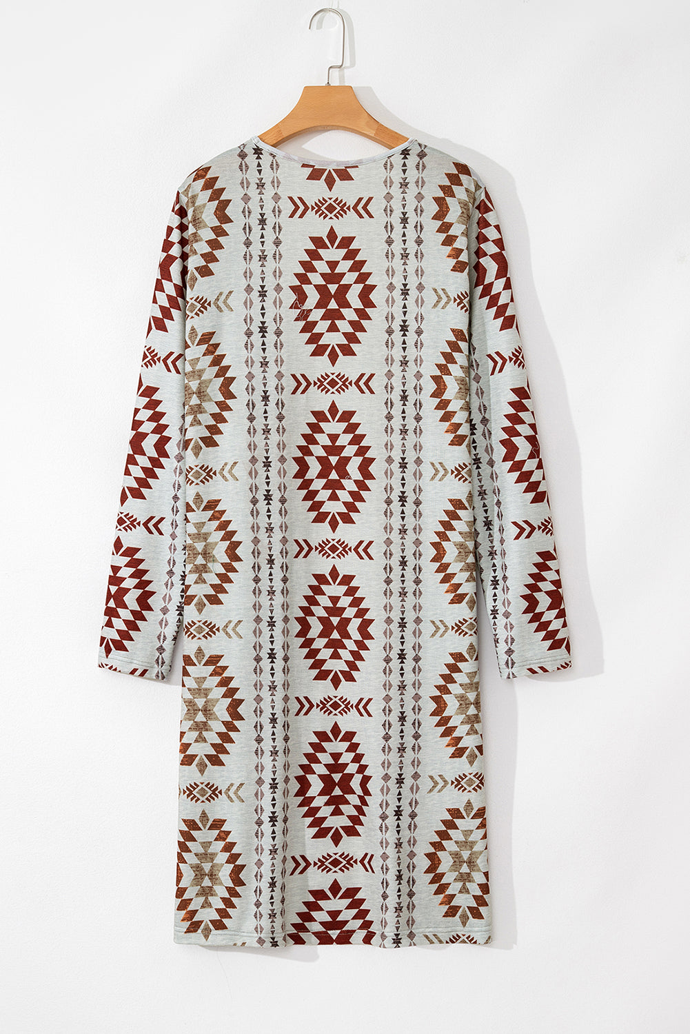 Brown Geometric Printed Open Front Long Cardigan - MAD RUFFI