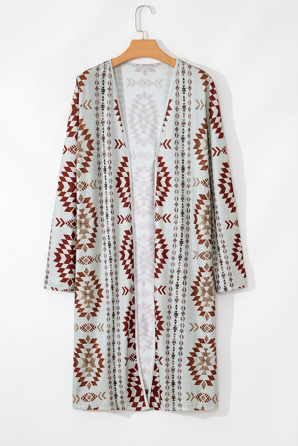 Brown Geometric Printed Open Front Long Cardigan - MAD RUFFI