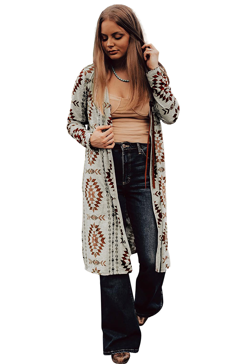 Brown Geometric Printed Open Front Long Cardigan - MAD RUFFI