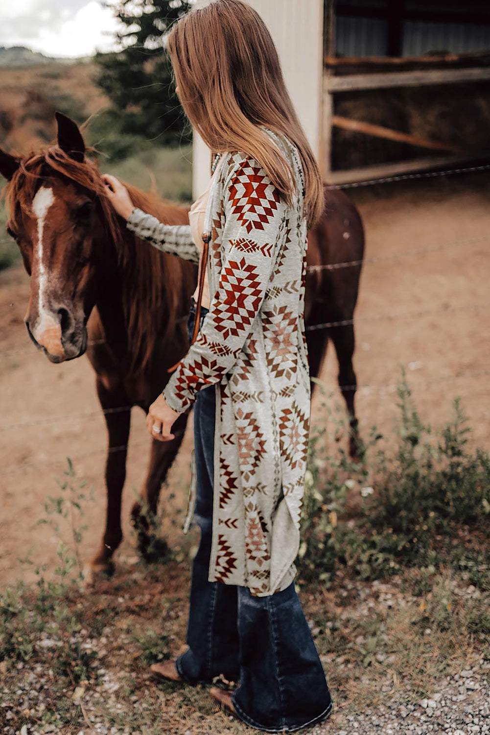 Brown Geometric Printed Open Front Long Cardigan - MAD RUFFI