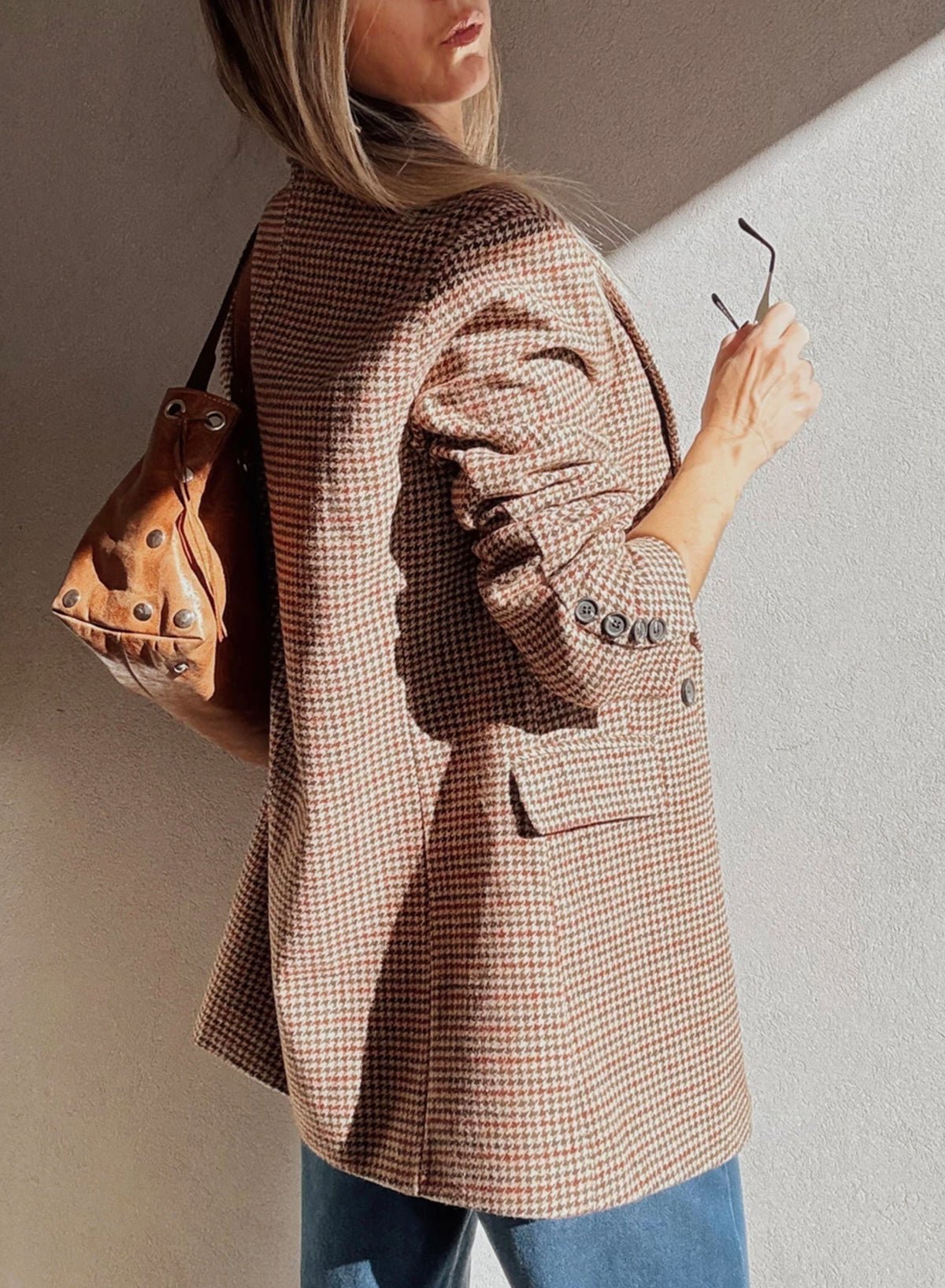 Brown Houndstooth Lapel Collar Blazer - MAD RUFFI