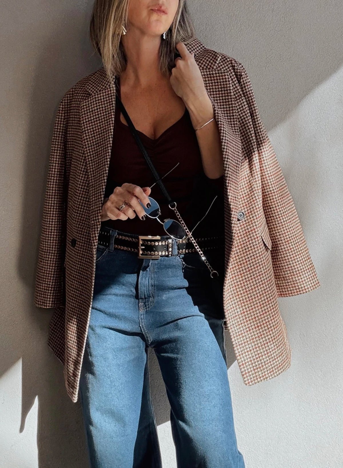 Brown Houndstooth Lapel Collar Blazer - MAD RUFFI