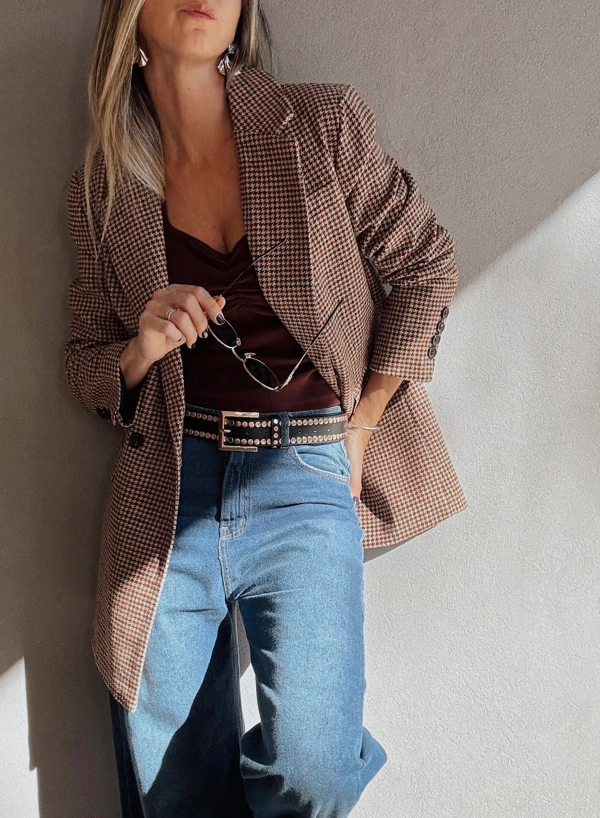 Brown Houndstooth Lapel Collar Blazer - MAD RUFFI