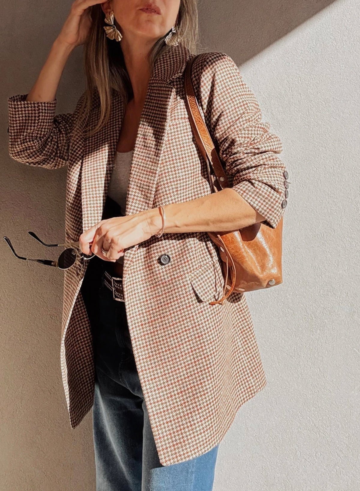 Brown Houndstooth Lapel Collar Blazer - MAD RUFFI