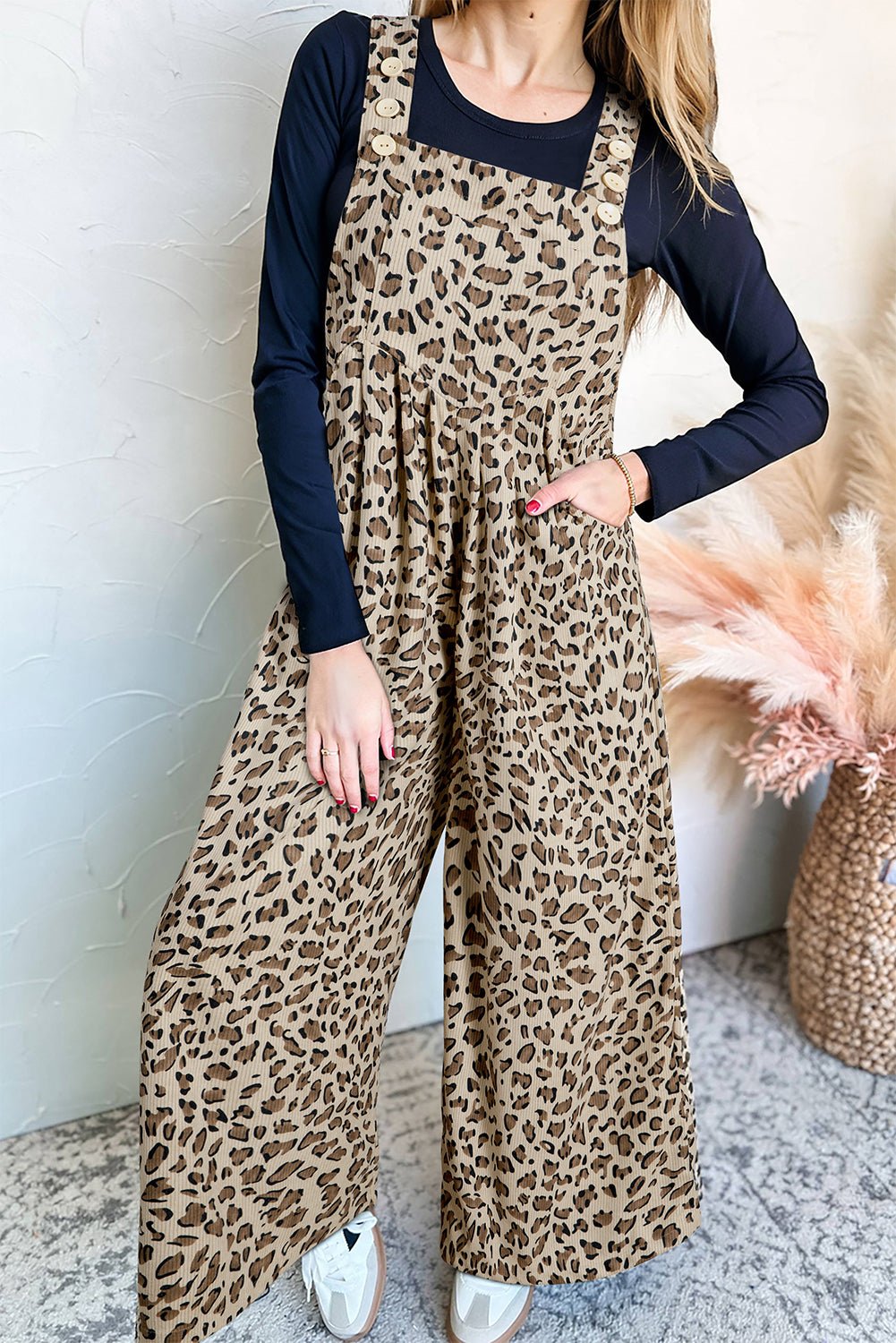 Brown Leopard Bib Wide Leg Jumpsuit - MAD RUFFI
