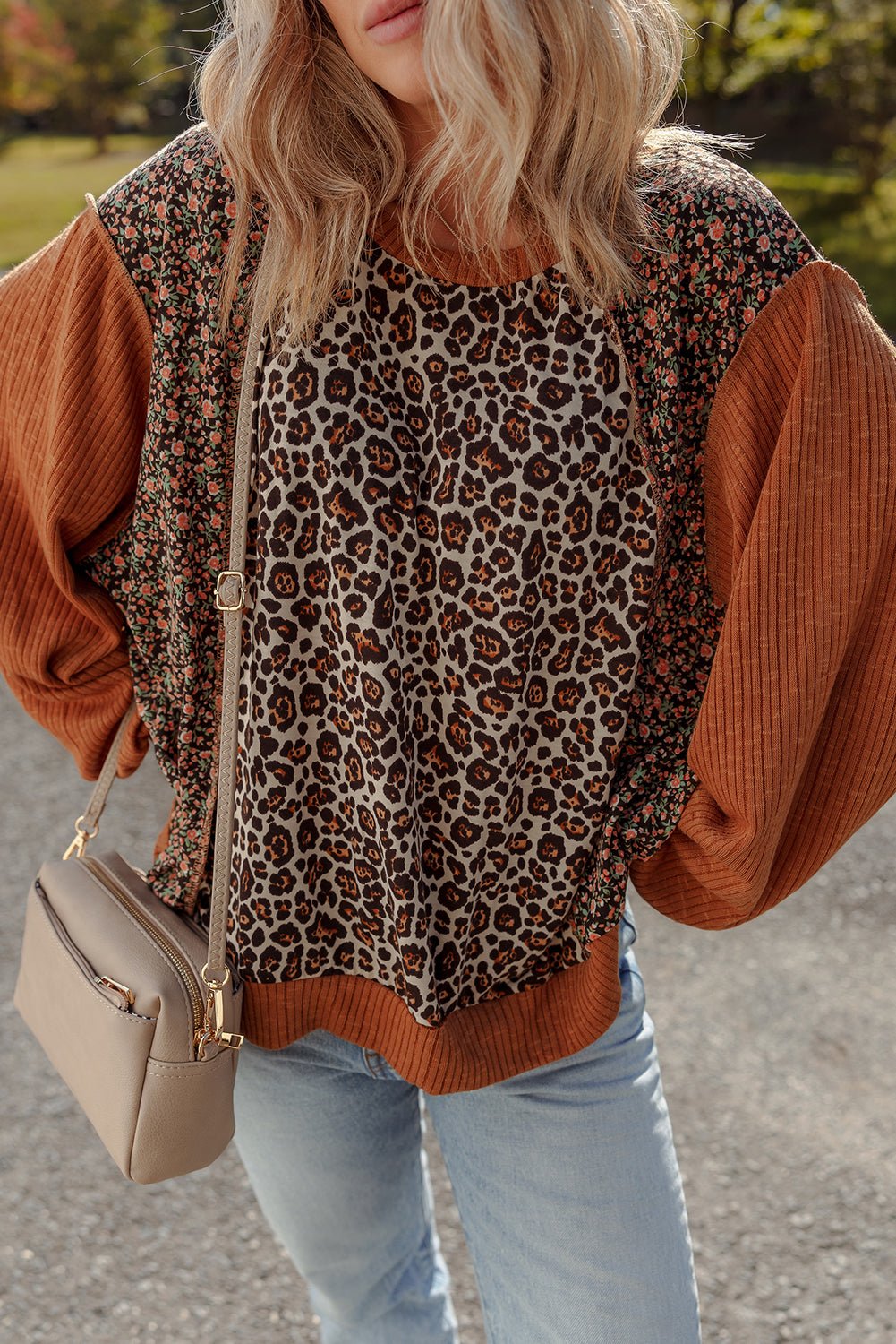 Brown Leopard Floral Print Ribbed Patchwork Puff Sleeve Loose Pullover - MAD RUFFI