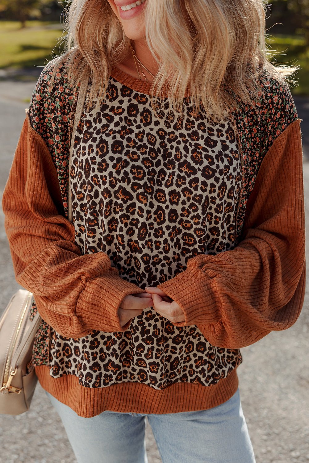Brown Leopard Floral Print Ribbed Patchwork Puff Sleeve Loose Pullover - MAD RUFFI