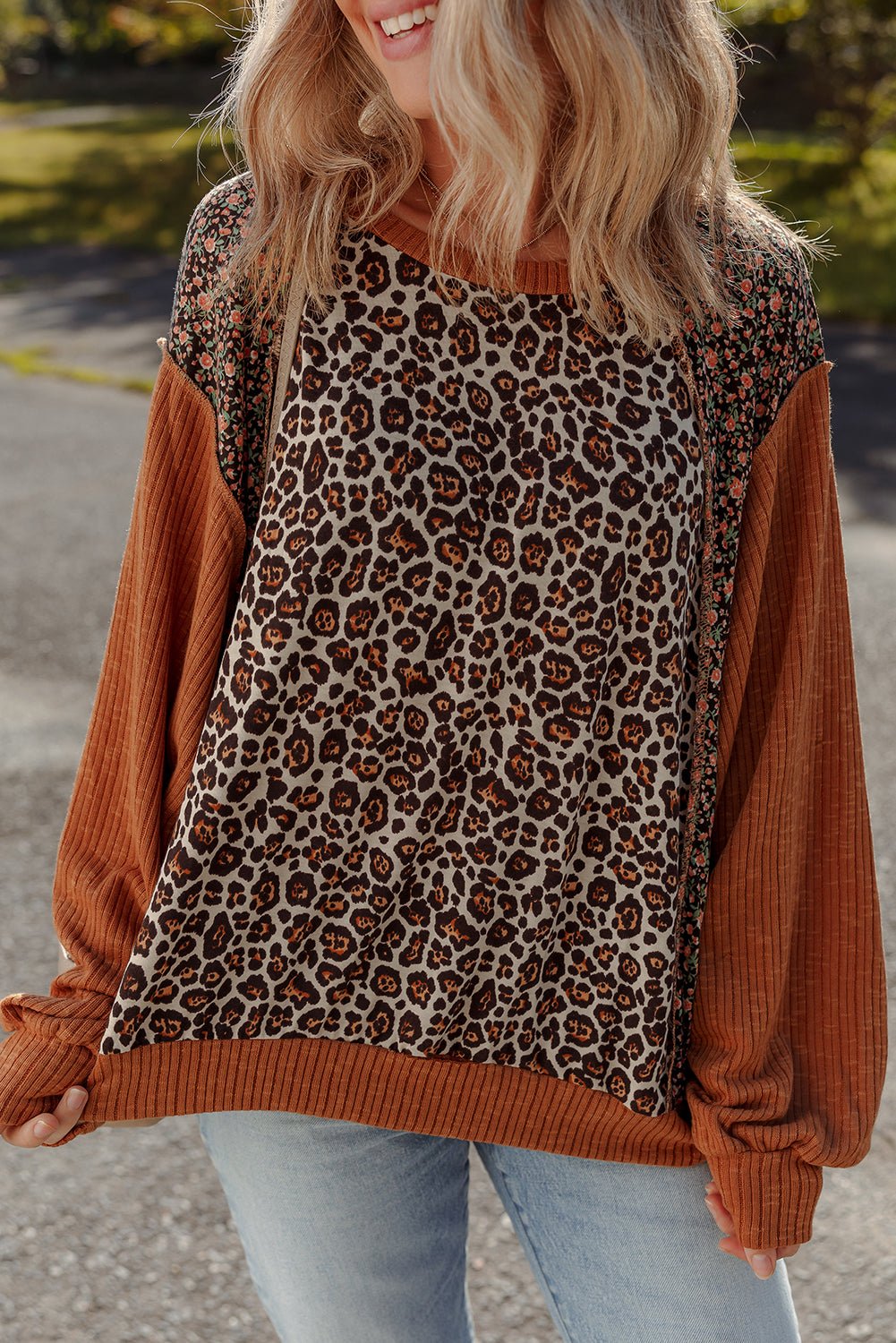Brown Leopard Floral Print Ribbed Patchwork Puff Sleeve Loose Pullover - MAD RUFFI