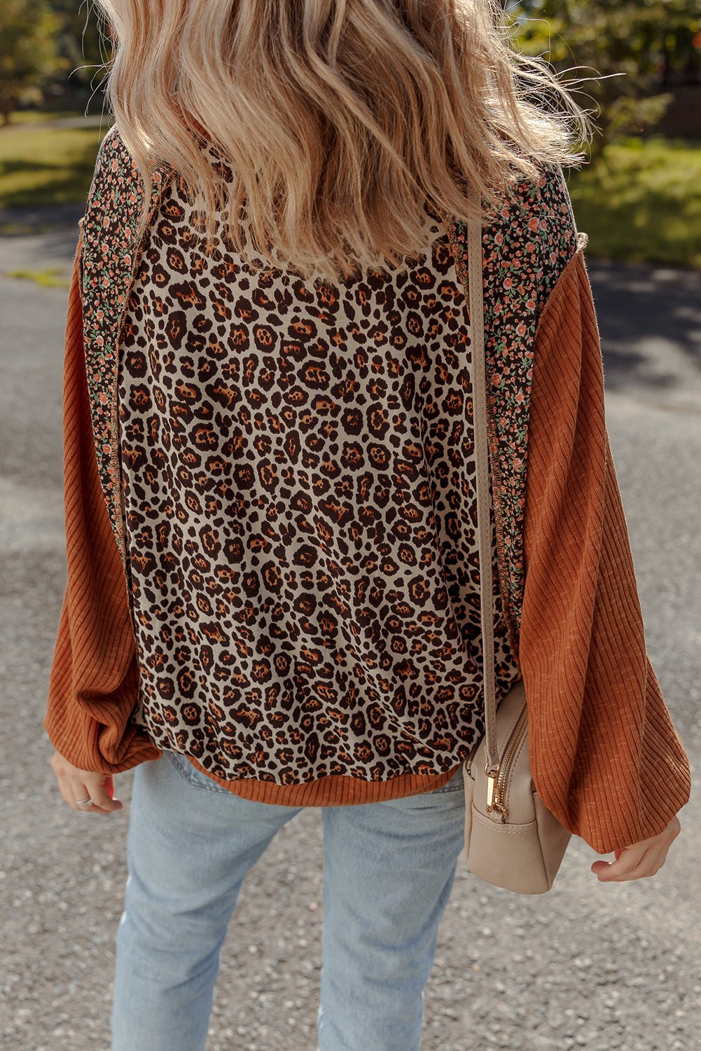 Brown Leopard Floral Print Ribbed Patchwork Puff Sleeve Loose Pullover - MAD RUFFI