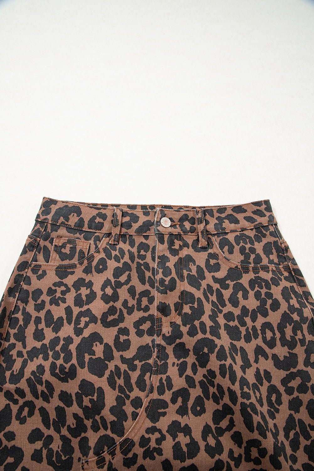 Brown Leopard Frayed Split Denim Midi Skirt - MAD RUFFI
