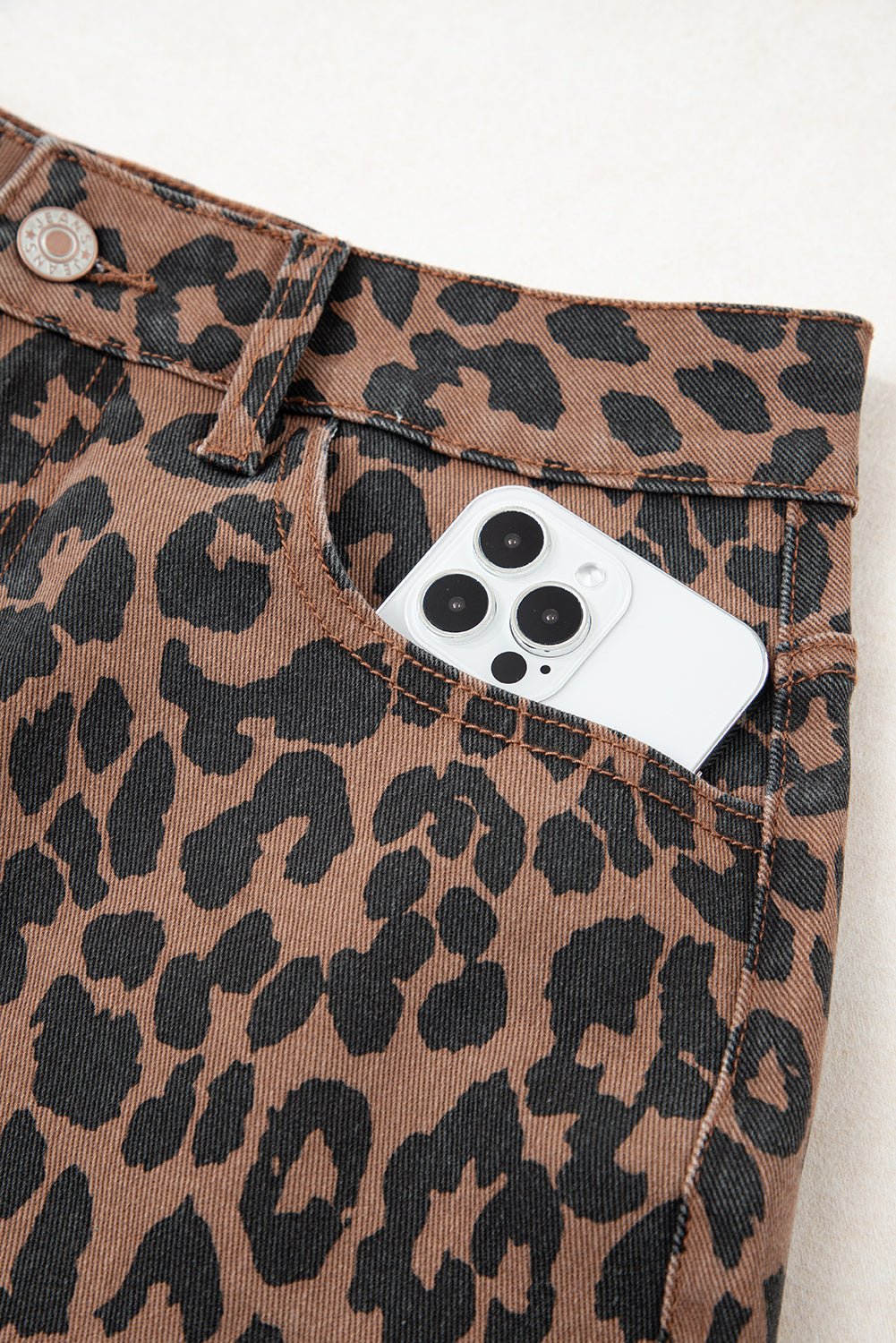 Brown Leopard Frayed Split Denim Midi Skirt - MAD RUFFI