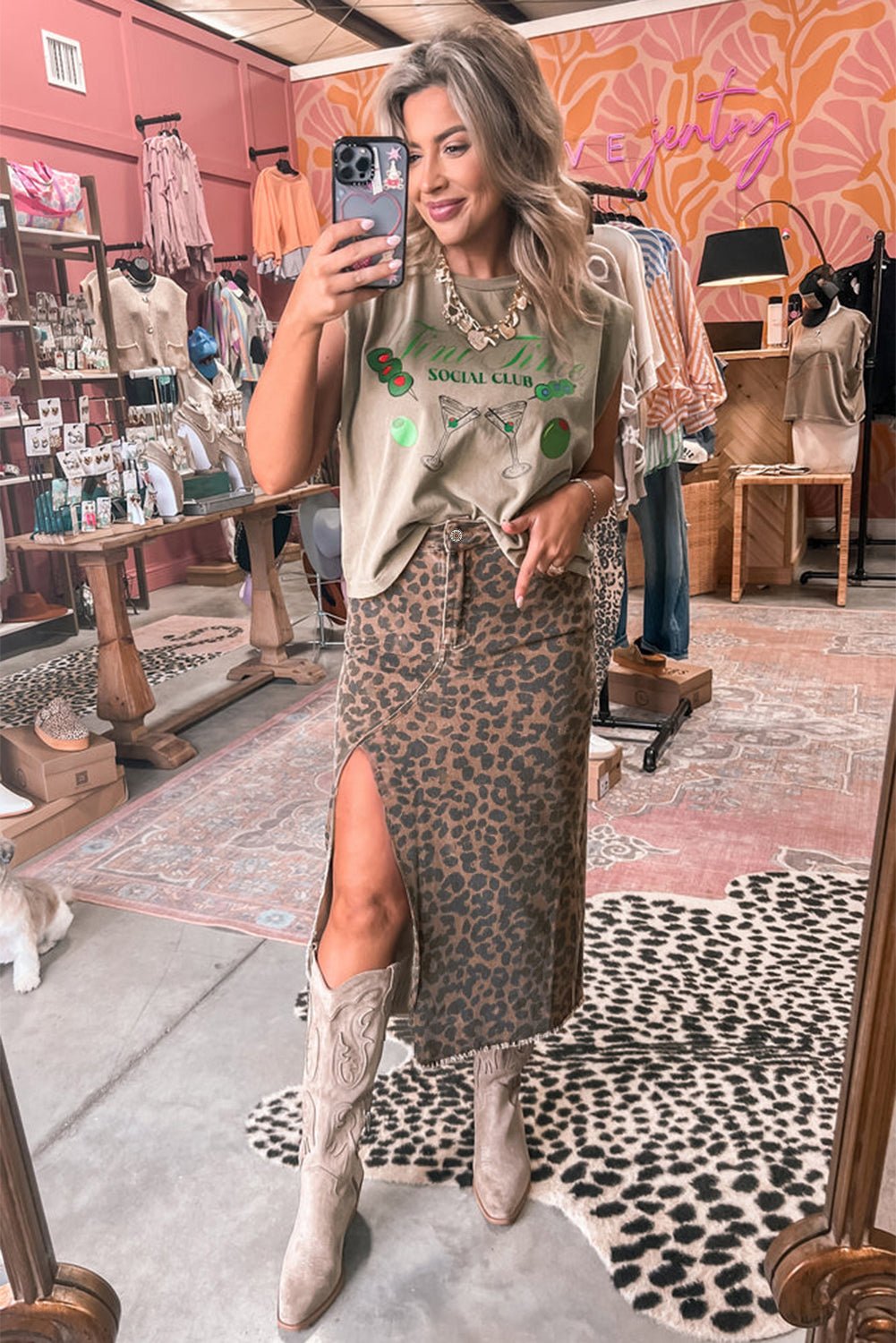 Brown Leopard Frayed Split Denim Midi Skirt - MAD RUFFI