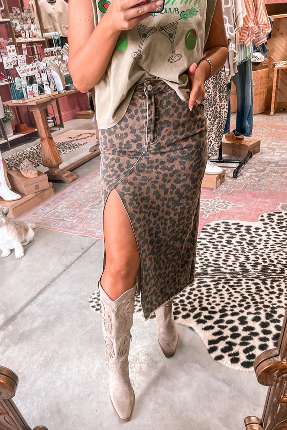 Brown Leopard Frayed Split Denim Midi Skirt - MAD RUFFI