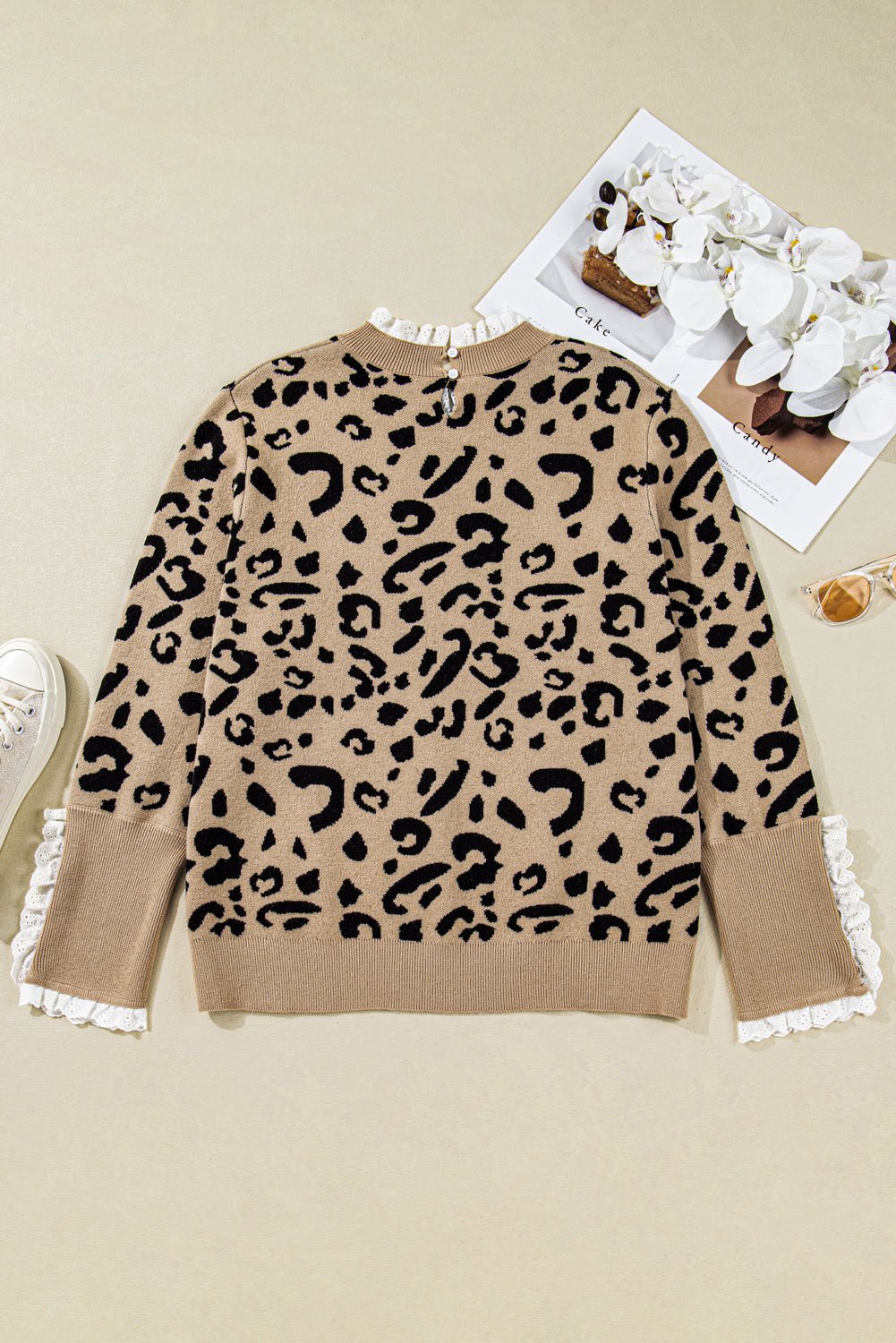 Brown Leopard Knitted Lace Trim Cuffed Plus Size Sweater - MAD RUFFI