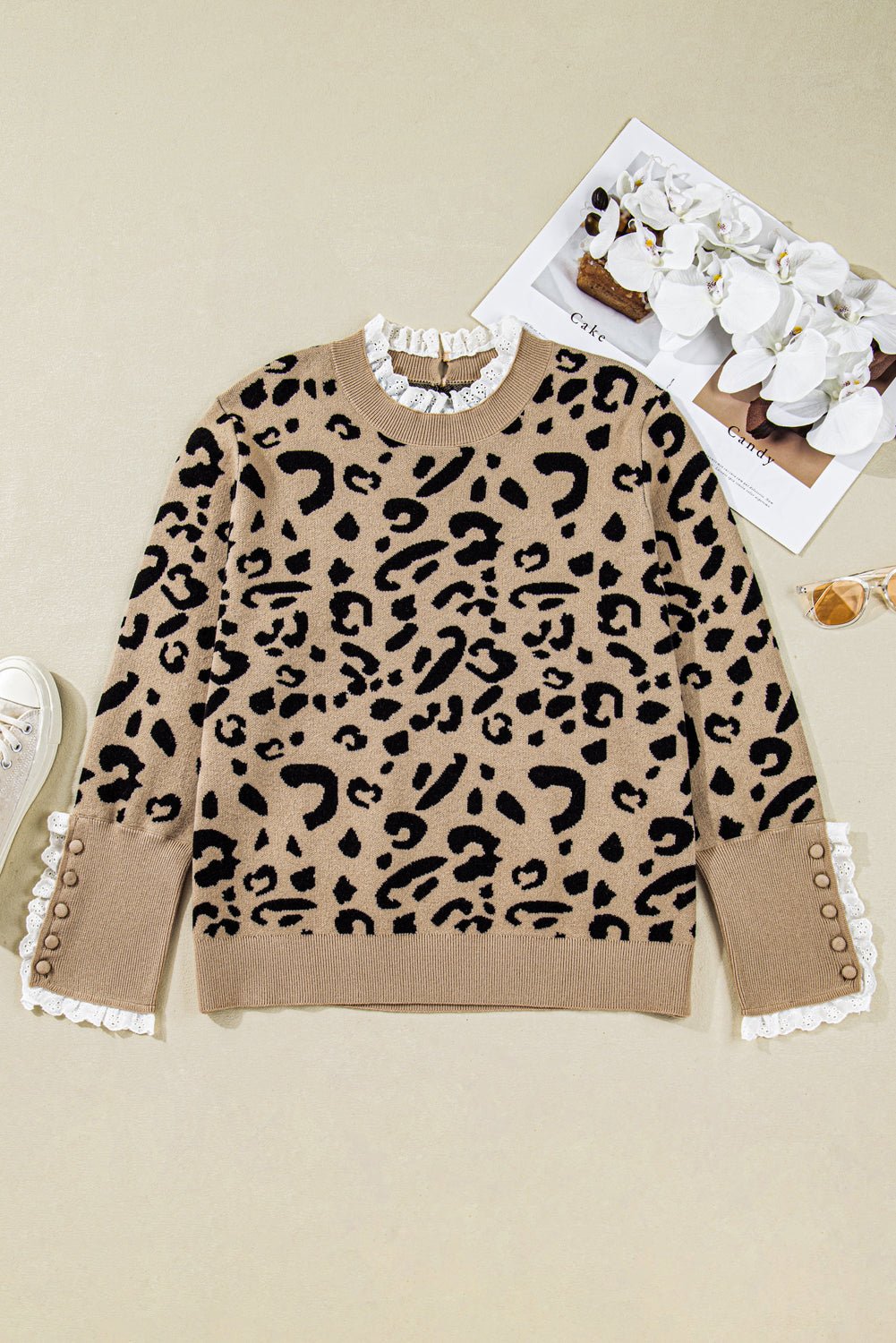 Brown Leopard Knitted Lace Trim Cuffed Plus Size Sweater - MAD RUFFI