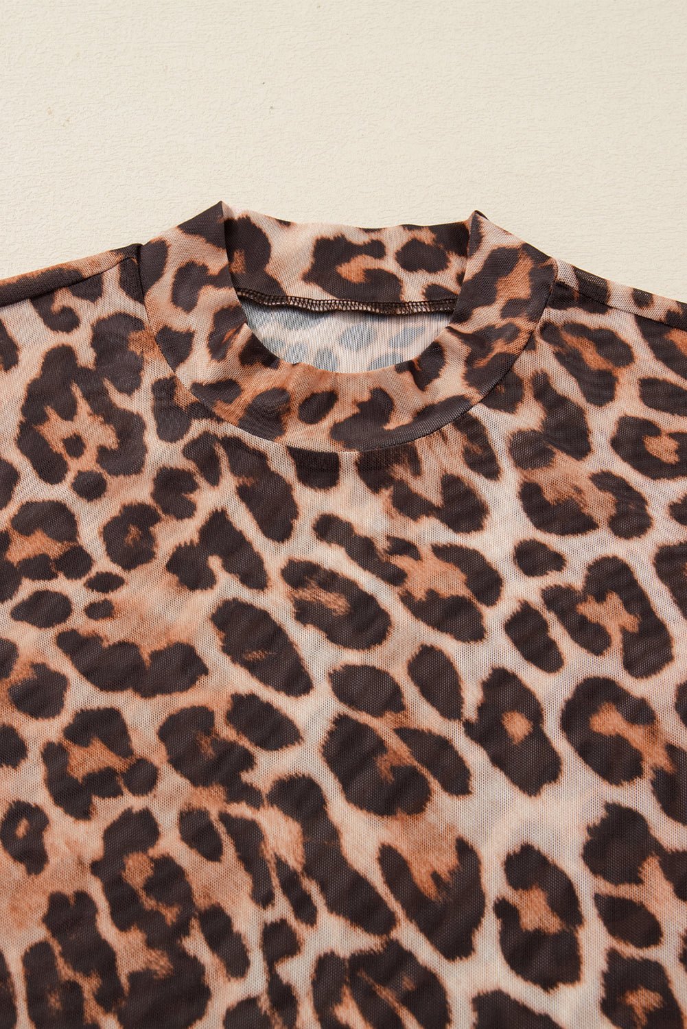 Brown Leopard Mock Neck Long Sleeve Mesh Top - MAD RUFFI