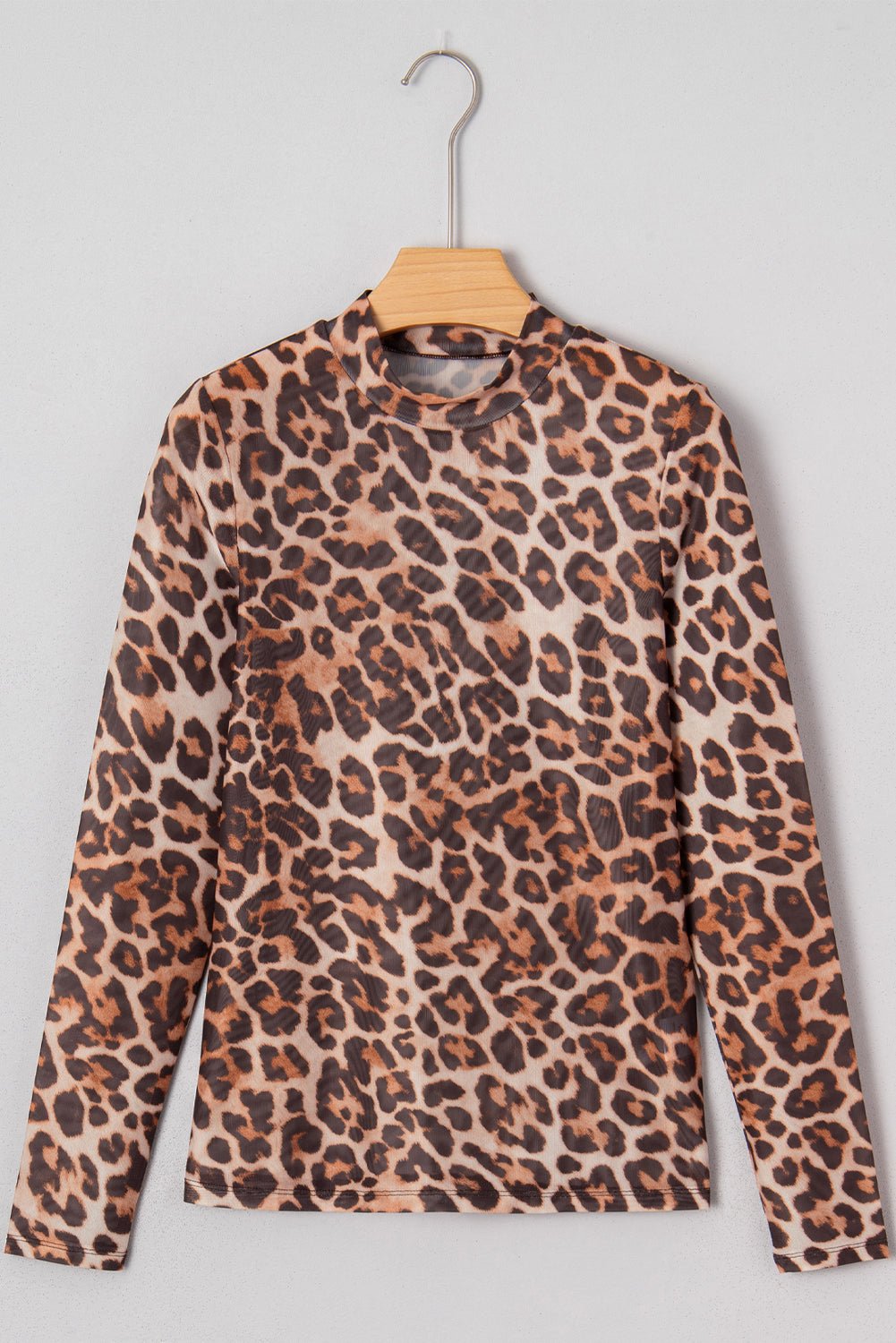Brown Leopard Mock Neck Long Sleeve Mesh Top - MAD RUFFI