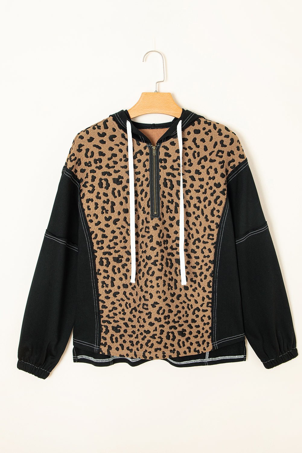 Brown Leopard Patchwork Quarter Zip Hoodie - MAD RUFFI