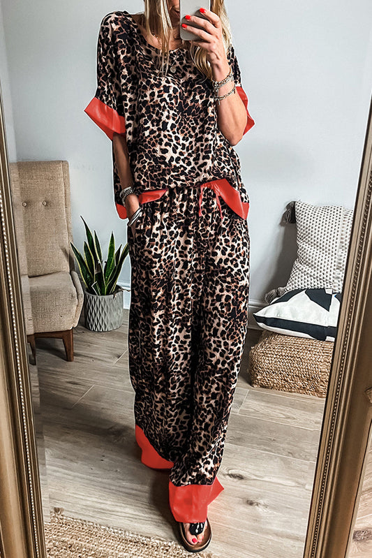 Brown Leopard Print Colorblock Edge Loose Fit Pants Set - Brown / S - Two Piece Pants Sets