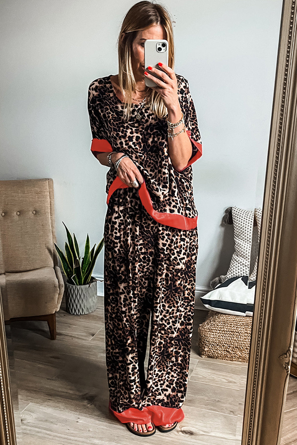 Brown Leopard Print Colorblock Edge Loose Fit Pants Set - Two Piece Pants Sets