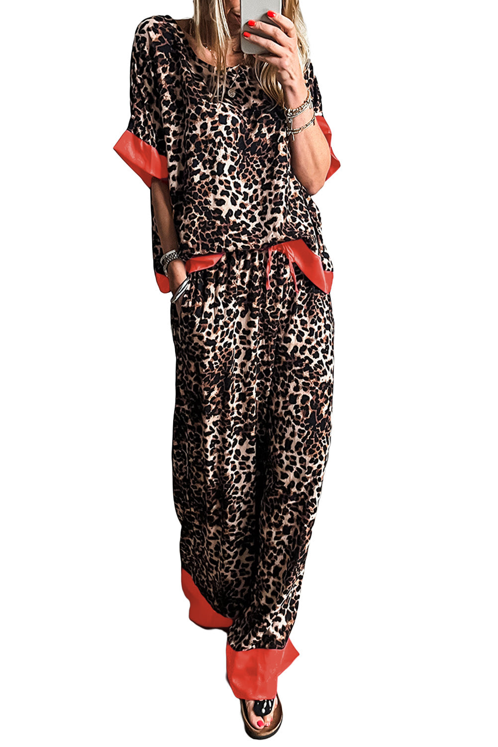 Brown Leopard Print Colorblock Edge Loose Fit Pants Set - Two Piece Pants Sets