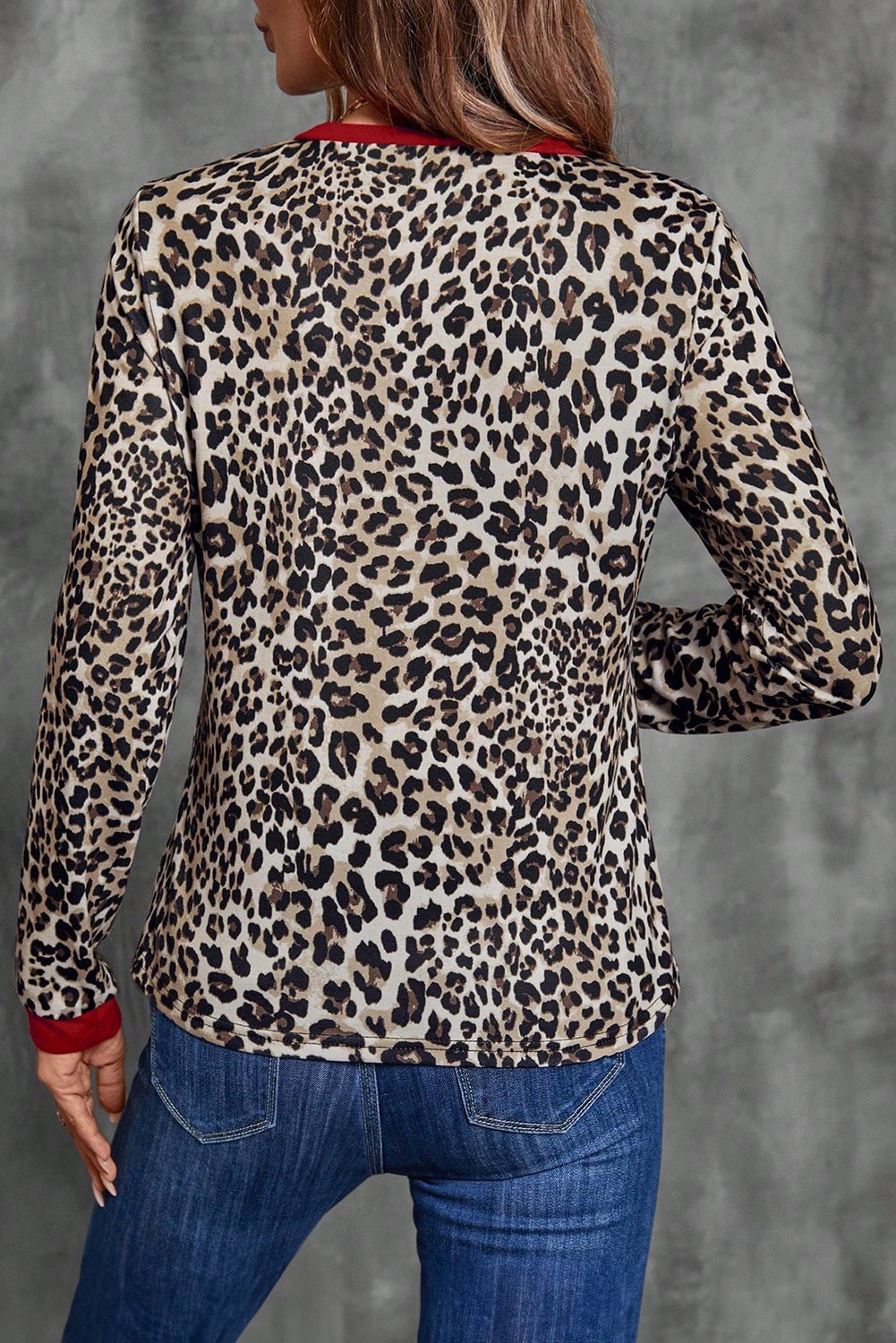 Brown Leopard Print Contrast Trim Round Neck Long Sleeve Top - MAD RUFFI