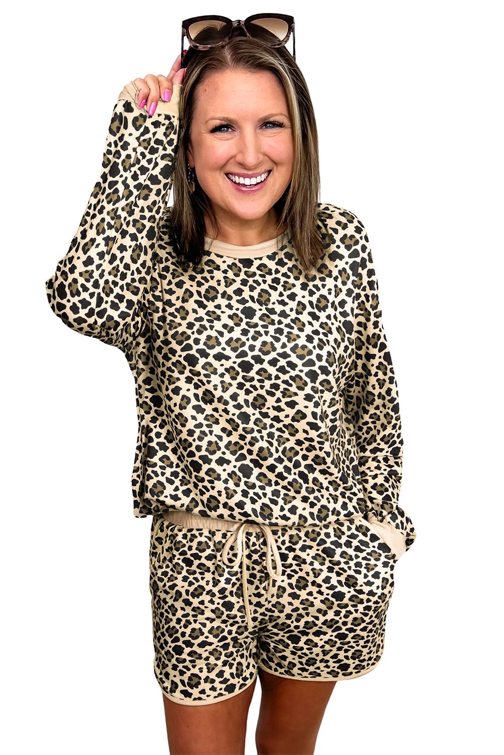 Brown Leopard Print Contrast Trim Two Piece Shorts Set - MAD RUFFI