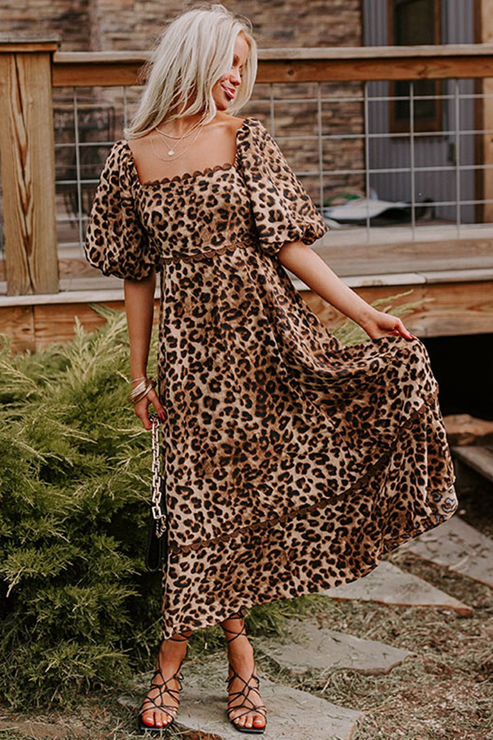 Brown Leopard Print Puff Sleeve Ricrac Maxi Dress - MAD RUFFI