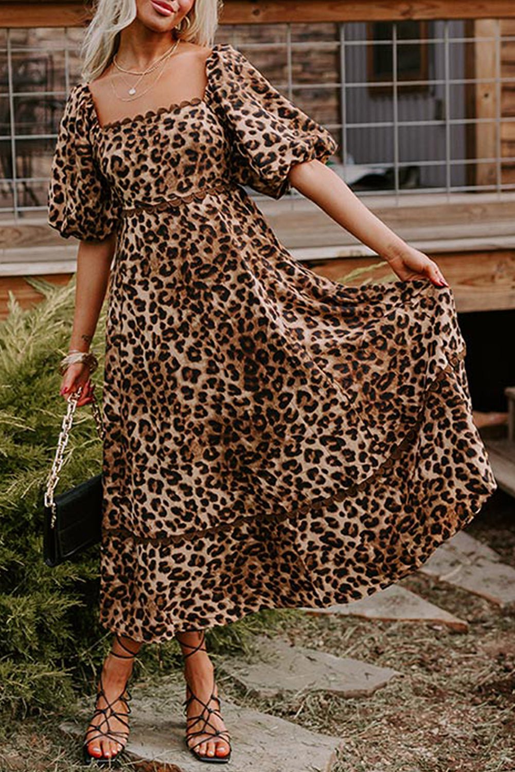 Brown Leopard Print Puff Sleeve Ricrac Maxi Dress - MAD RUFFI