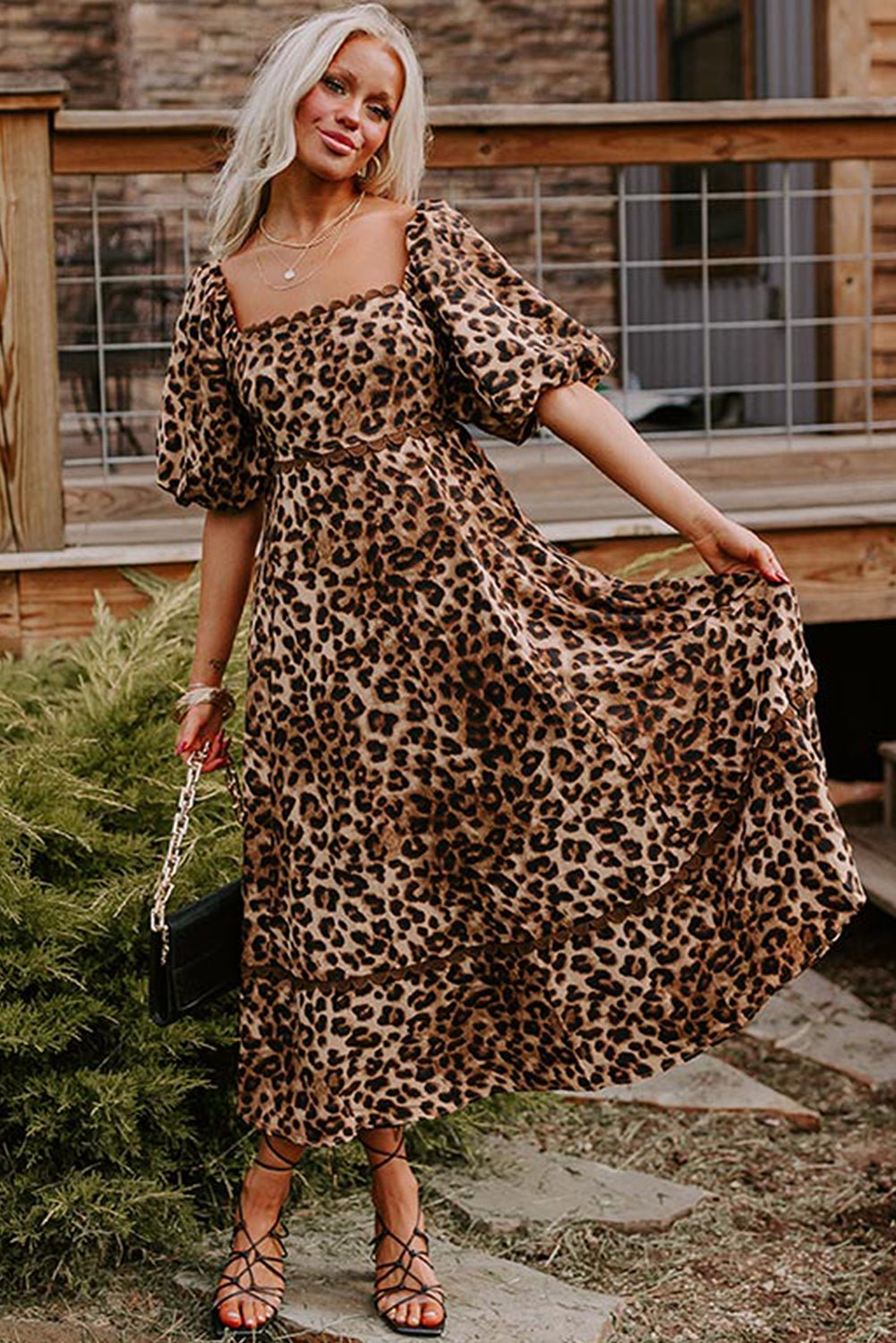 Brown Leopard Print Puff Sleeve Ricrac Maxi Dress - MAD RUFFI