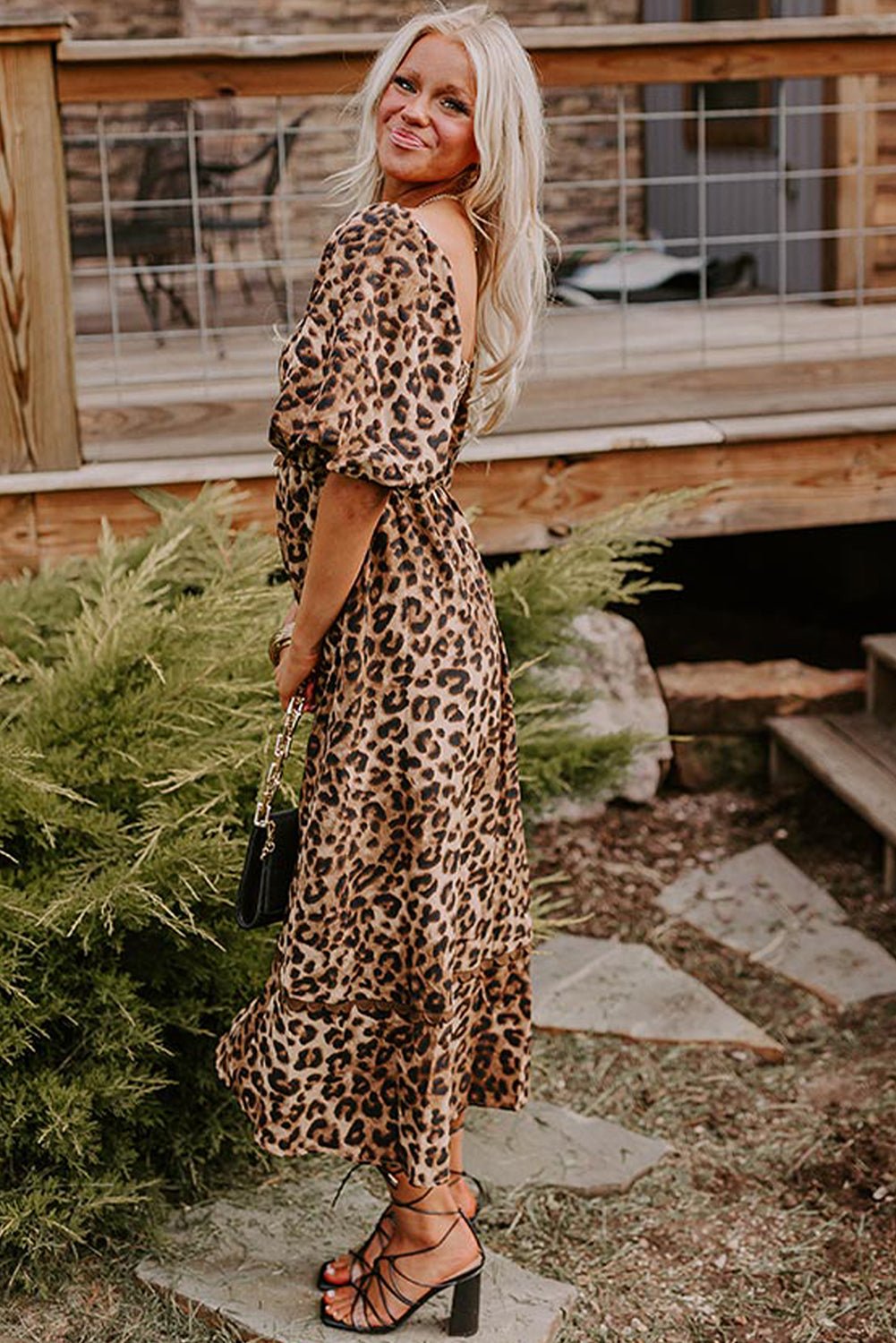 Brown Leopard Print Puff Sleeve Ricrac Maxi Dress - MAD RUFFI