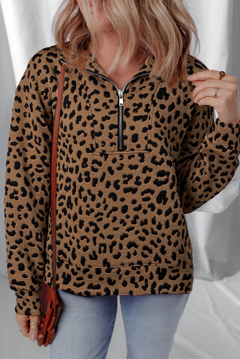 Brown Leopard Print Quarter Zip Sweatshirt - MAD RUFFI