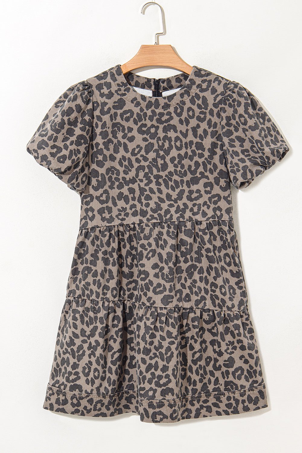 Brown Leopard Print Short Sleeve Flared Denim Mini Dress - MAD RUFFI