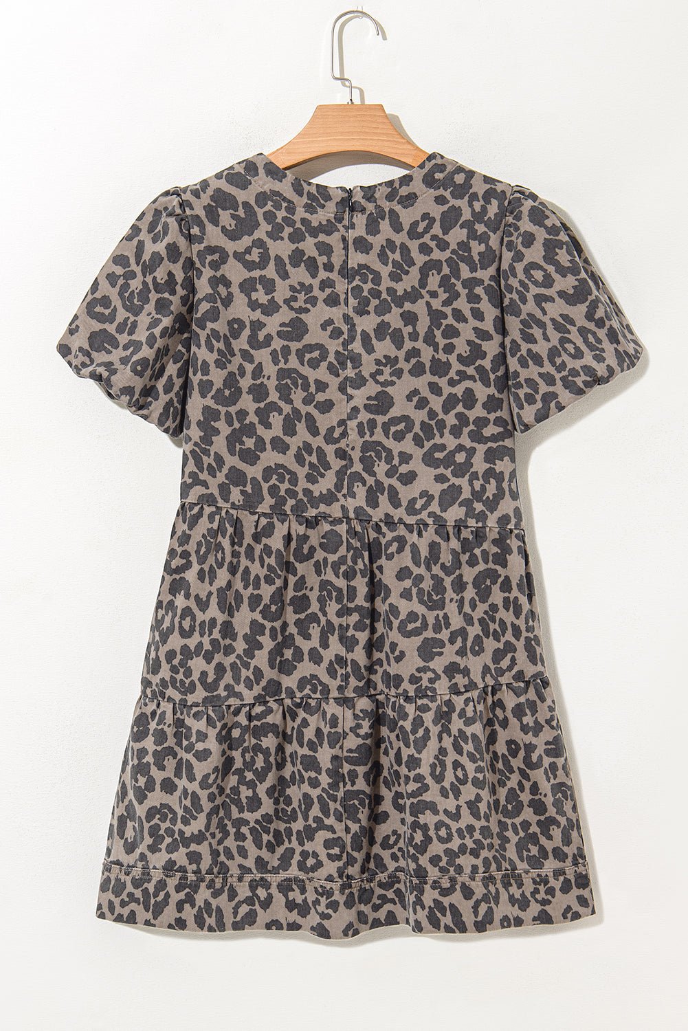 Brown Leopard Print Short Sleeve Flared Denim Mini Dress - MAD RUFFI