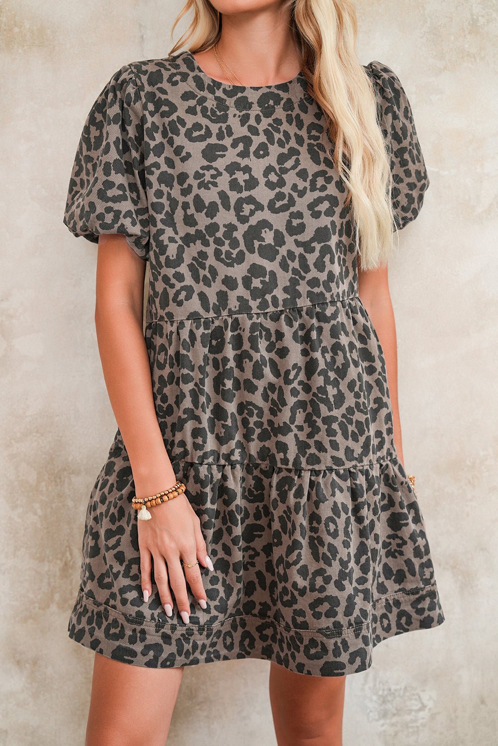 Brown Leopard Print Short Sleeve Flared Denim Mini Dress - MAD RUFFI