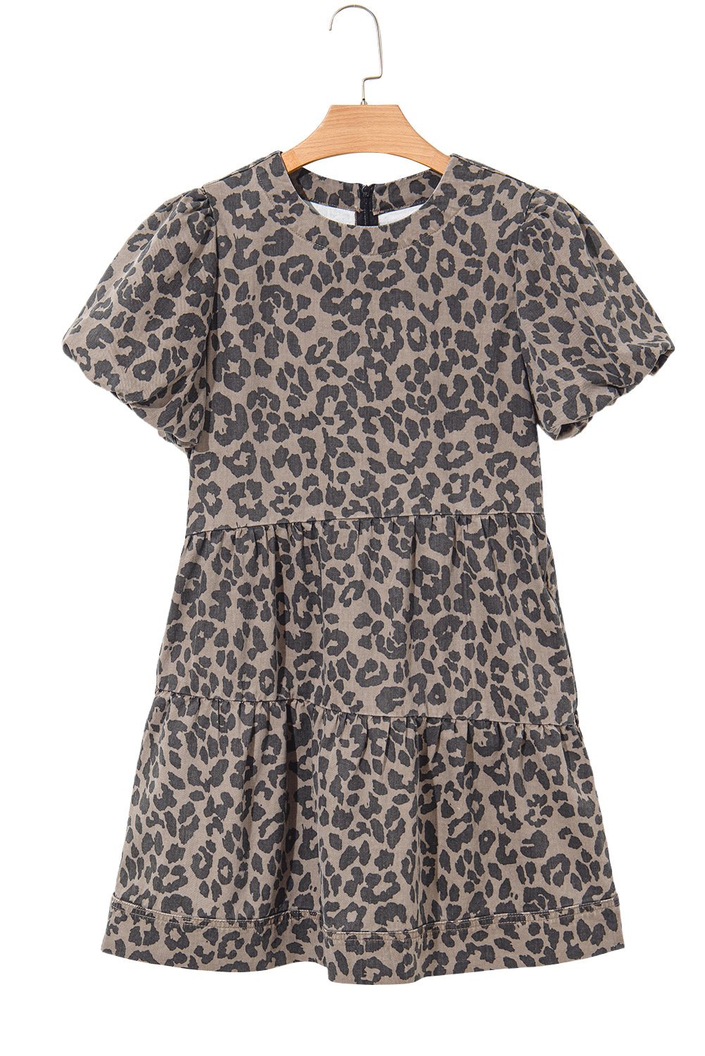Brown Leopard Print Short Sleeve Flared Denim Mini Dress - MAD RUFFI