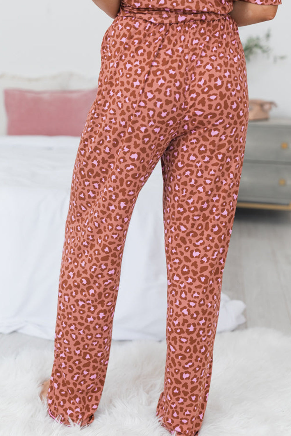 Brown Leopard Print Short Sleeve Shirt and Pants Pajamas Set - MAD RUFFI