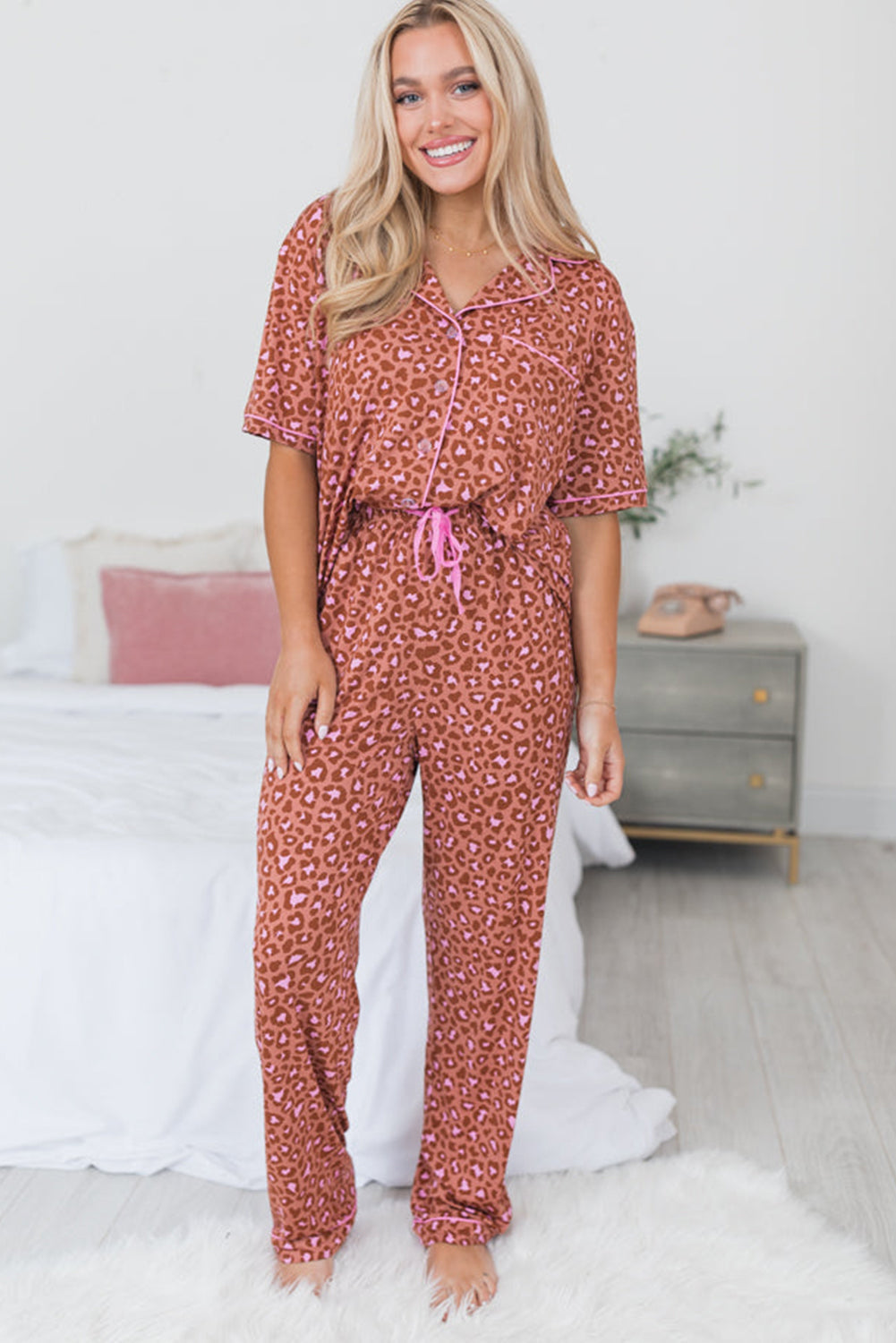 Brown Leopard Print Short Sleeve Shirt and Pants Pajamas Set - MAD RUFFI