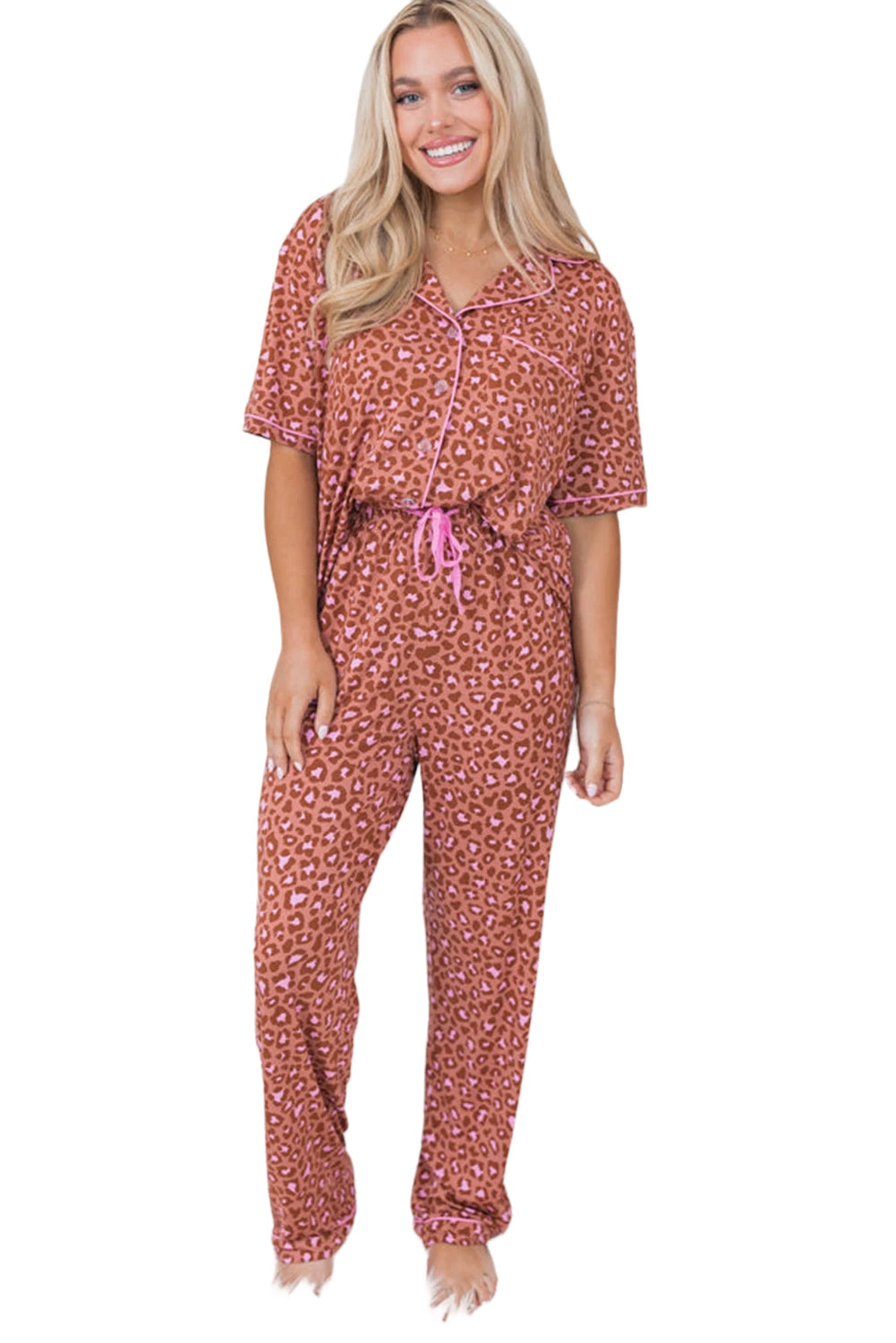 Brown Leopard Print Short Sleeve Shirt and Pants Pajamas Set - MAD RUFFI