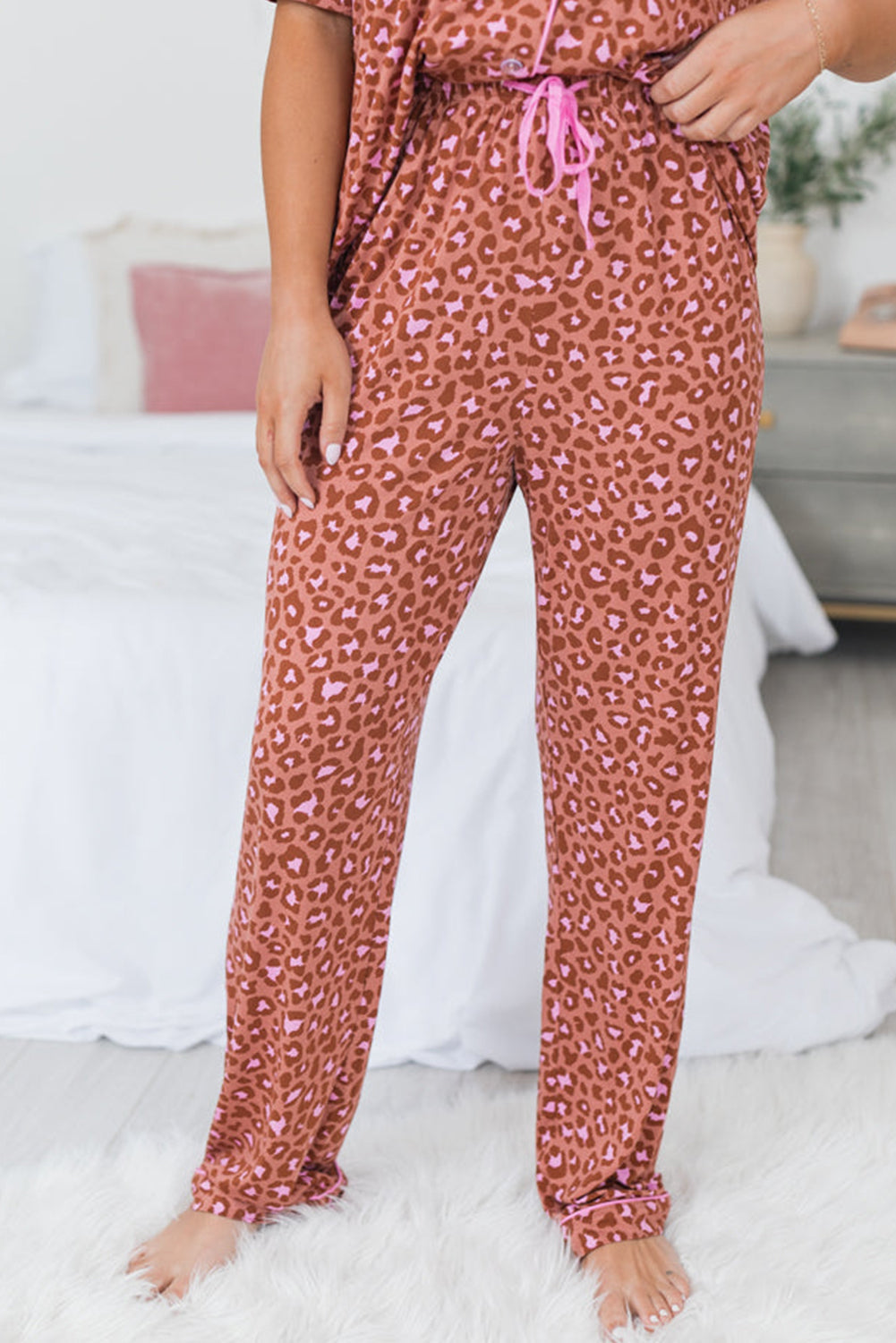 Brown Leopard Print Short Sleeve Shirt and Pants Pajamas Set - MAD RUFFI