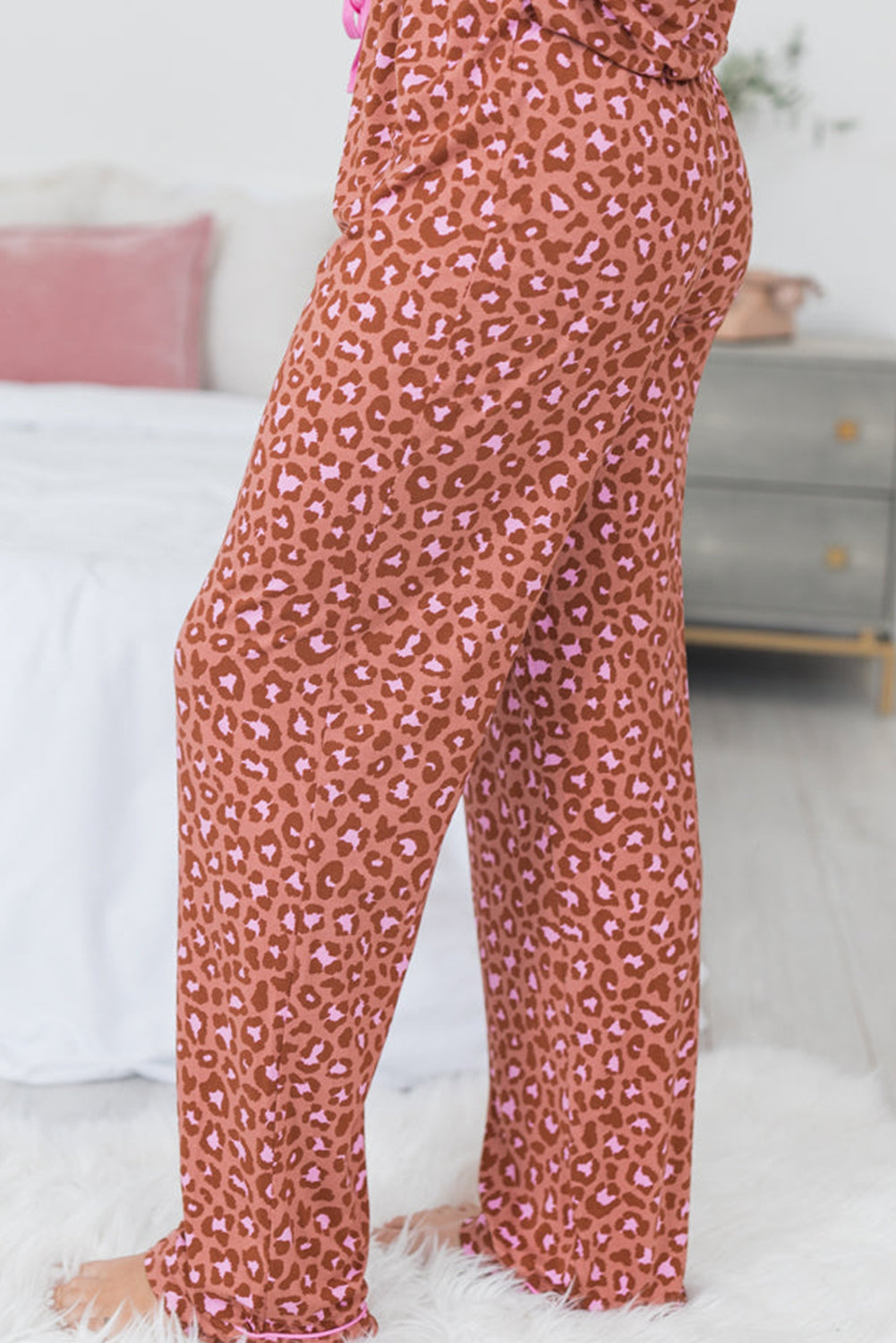 Brown Leopard Print Short Sleeve Shirt and Pants Pajamas Set - MAD RUFFI