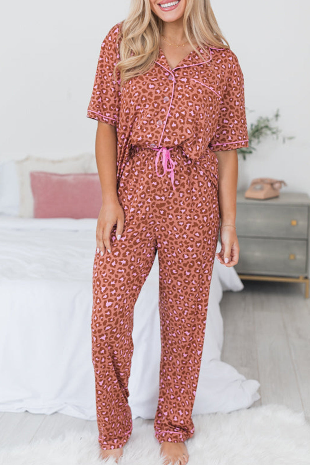 Brown Leopard Print Short Sleeve Shirt and Pants Pajamas Set - MAD RUFFI