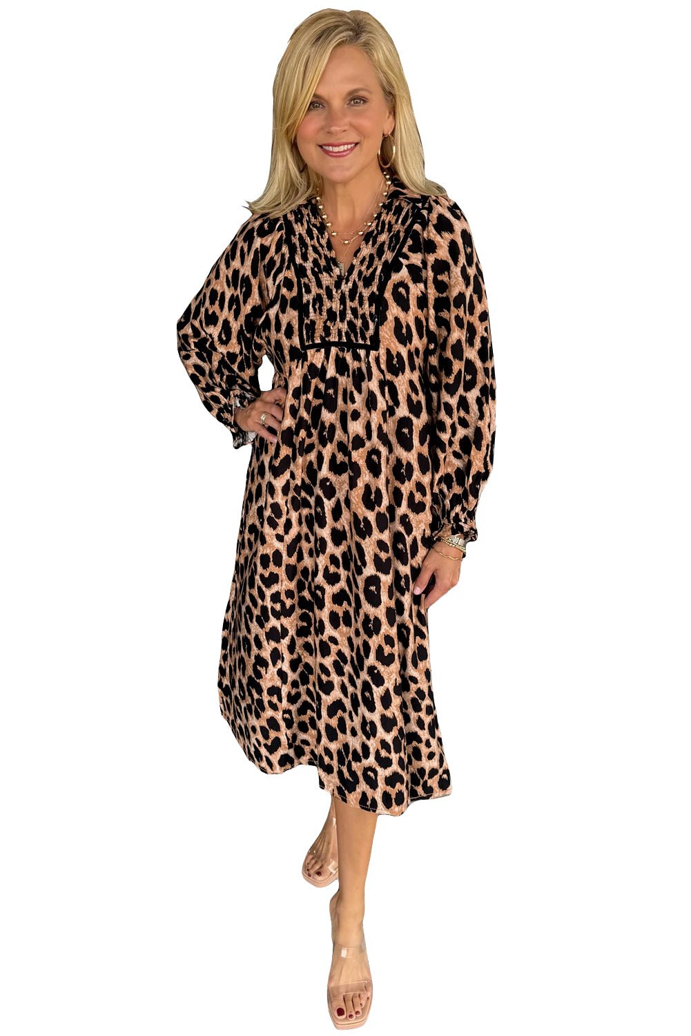 Brown Leopard Print Smocked Detail Flowy Midi Dress - MAD RUFFI