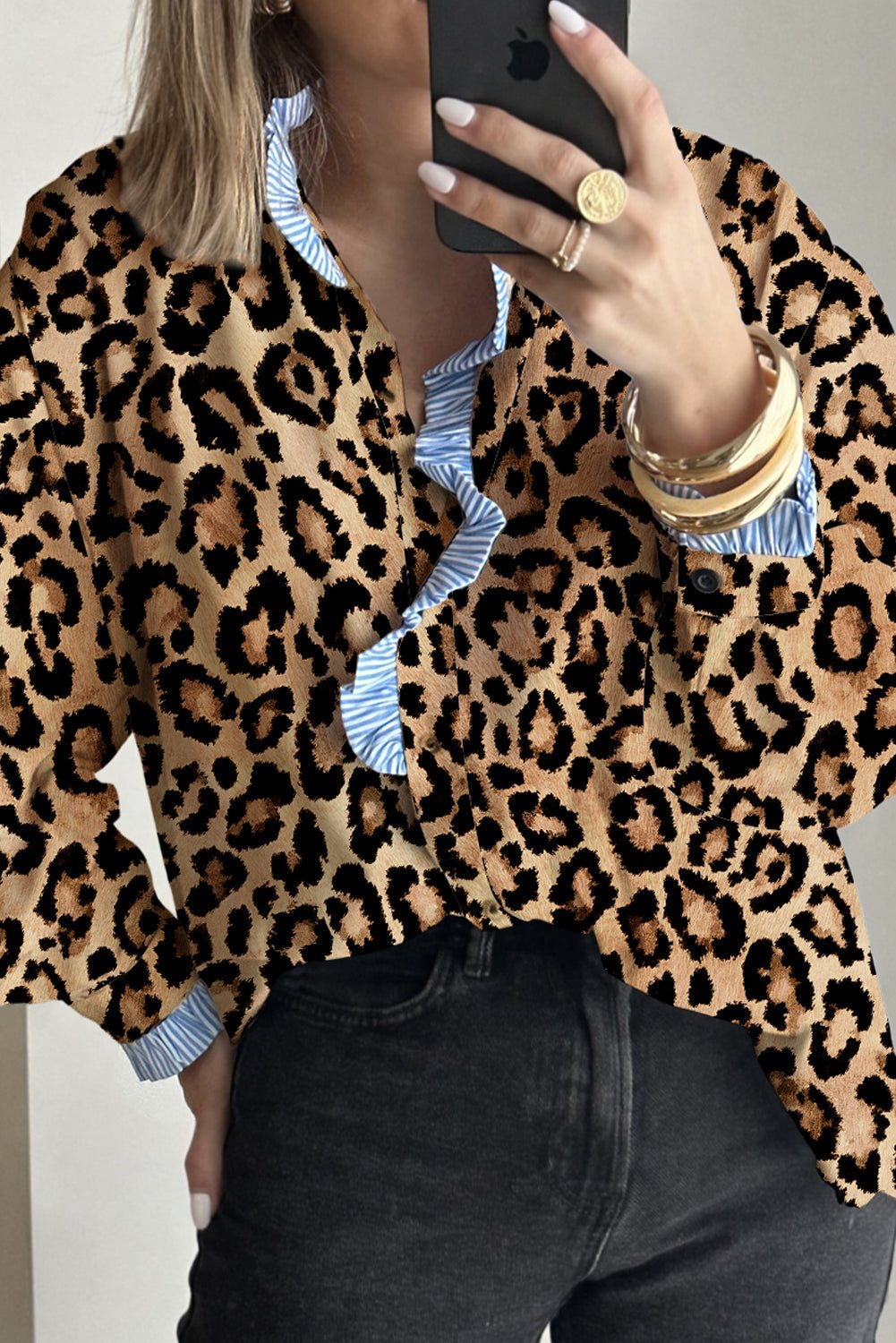 Brown Leopard Print Striped Frill Neck Button Long Sleeve Shirt - MAD RUFFI